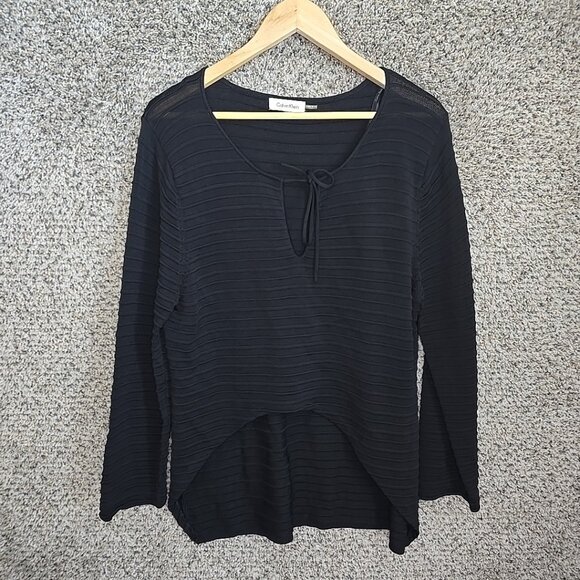 Calvin Klein Tops - Calvin Klein Top Womens XL Black Textured V Neck Hi Low Blouse Neck Tie Ladies